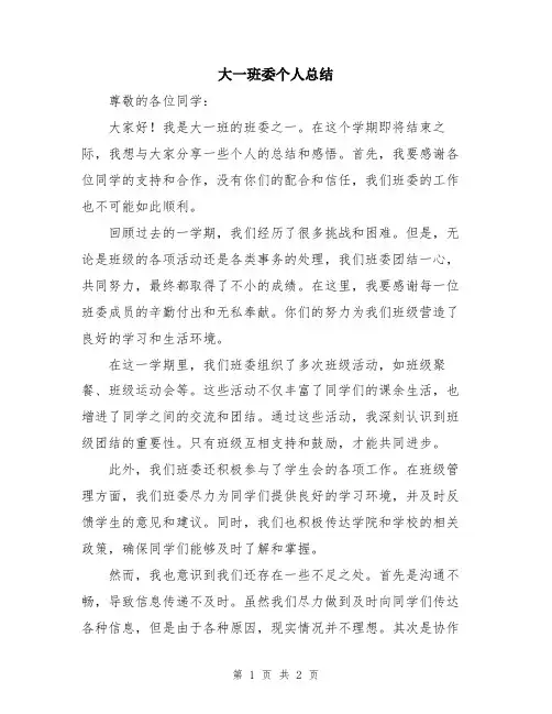 大一班委个人总结