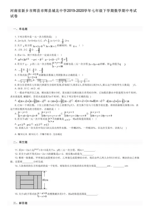 河南省新乡市辉县市辉县城北中学2019-2020学年七年级下学期数学期中考试试卷及参考答案