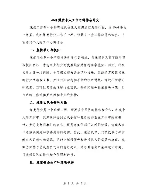 2024煤质个人工作心得体会范文（二篇）