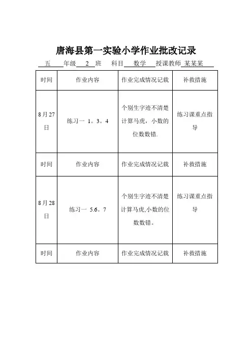 小学数学作业批改记录【范本模板】