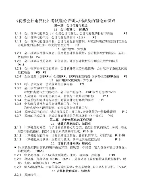 《初级会计电算化》考试理论培训大纲涉及的理论知识点