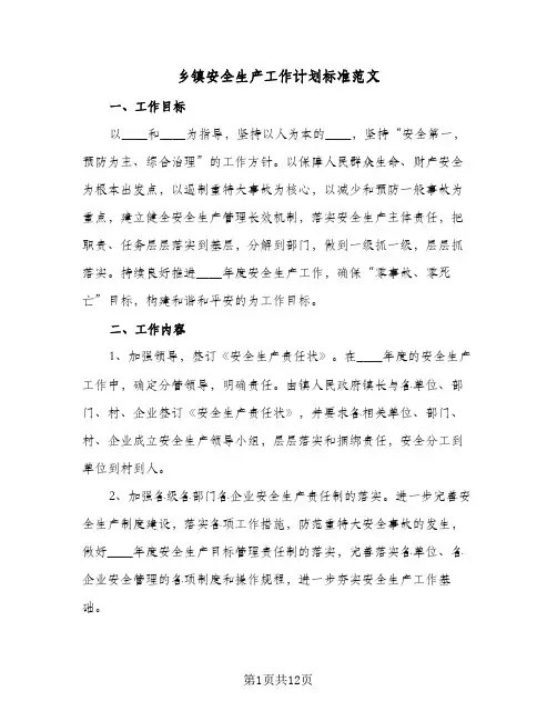 乡镇安全生产工作计划标准范文(五篇)