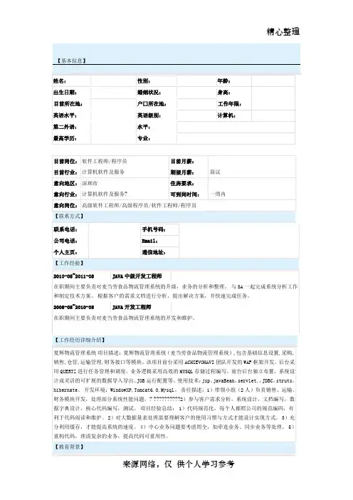 java程序员简历模板(保留了项目经验、工作经验、技能专长)