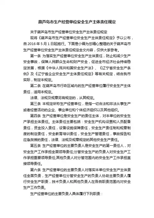 葫芦岛市生产经营单位安全生产主体责任规定