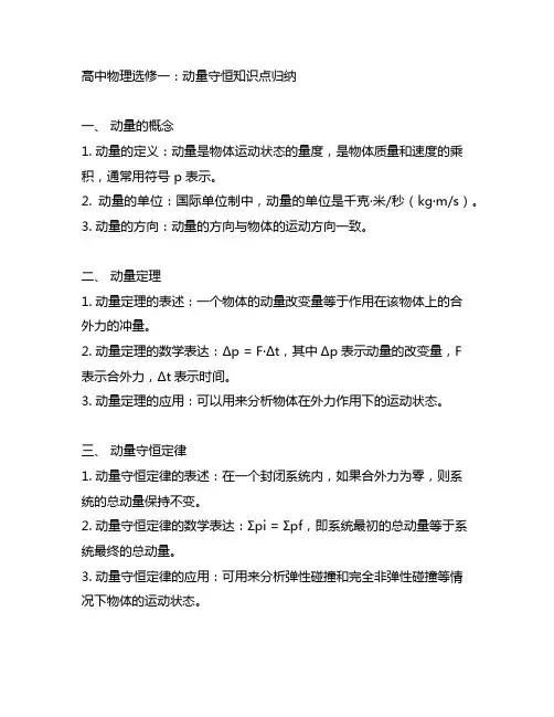 高中物理选修一动量守恒知识点归纳