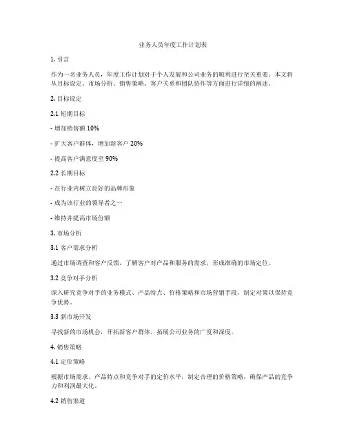 业务人员年度工作计划表