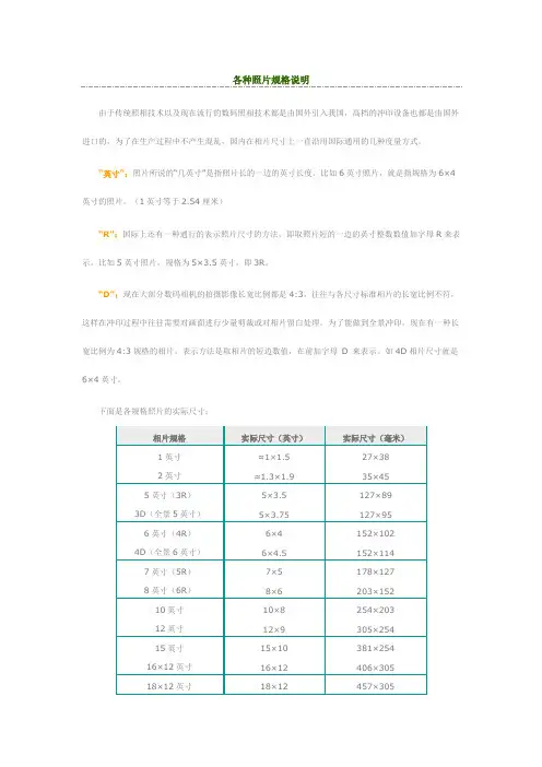 冲洗各种相片照片规格说明