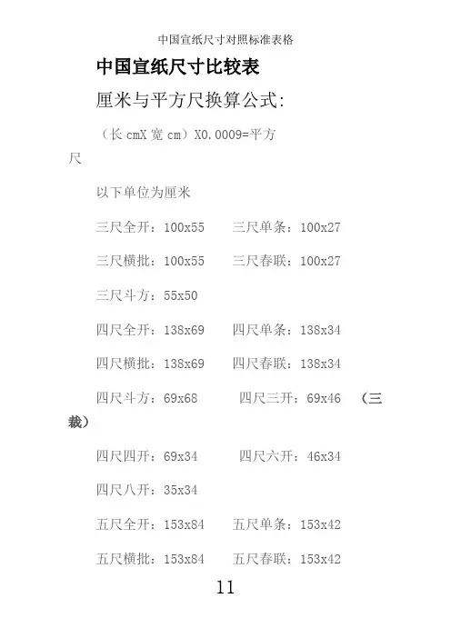 中国宣纸尺寸对照标准表格