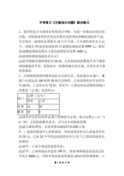 中考复习《方案设计问题》综合练习含答案