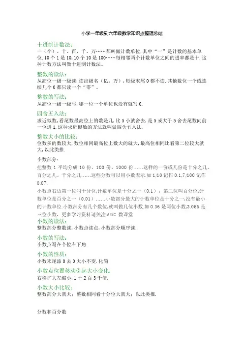小学一年级到六年级数学知识点整理总结