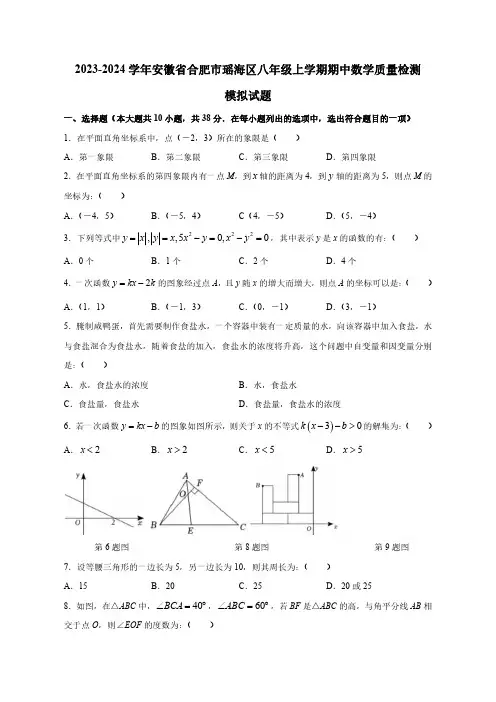 2023-2024学年安徽省合肥市瑶海区八年级上学期期中数学质量检测模拟试题(含解析)