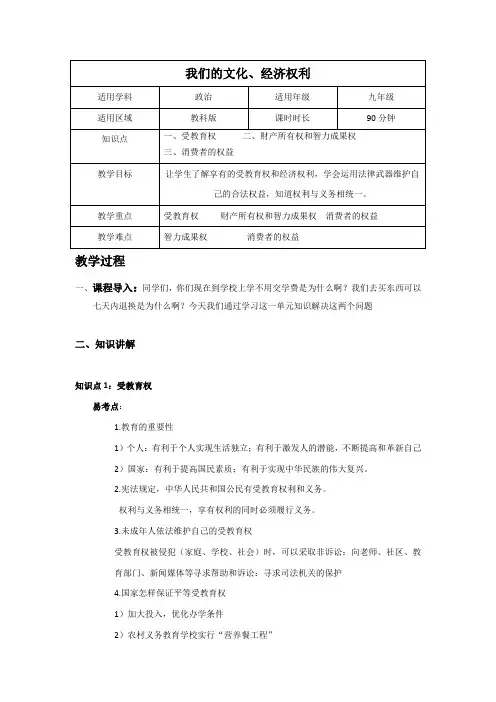 中考政治专题七—我们的文化、经济权利