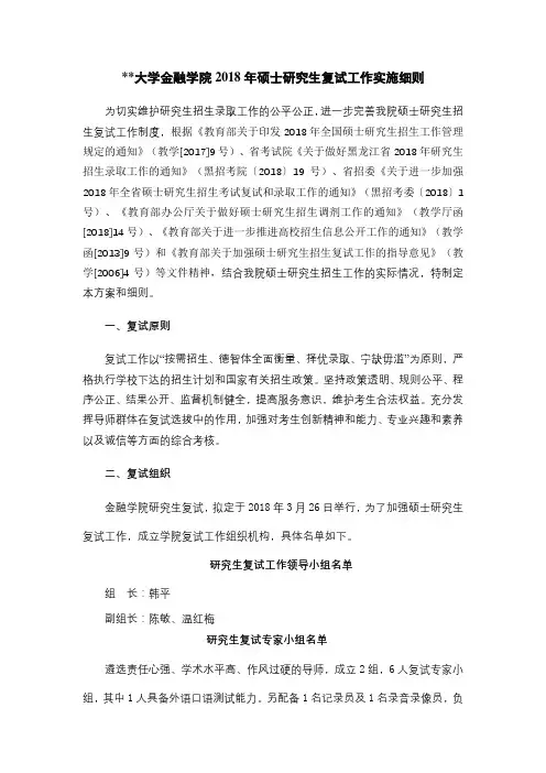 哈尔滨商业大学金融学院2018年硕士研究生复试工作实施细则【模板】