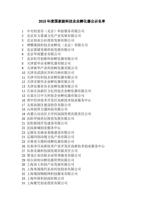 国家级科技企业孵化器公示名单2015