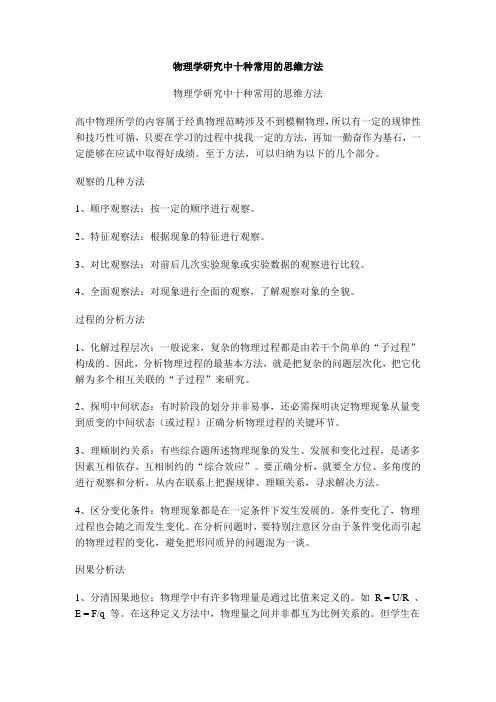 物理学研究中十种常用的思维方法