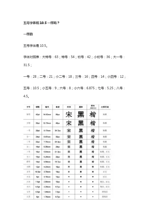 五号字体和10.5一样吗