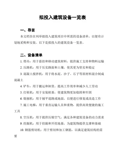 拟投入建筑设备一览表