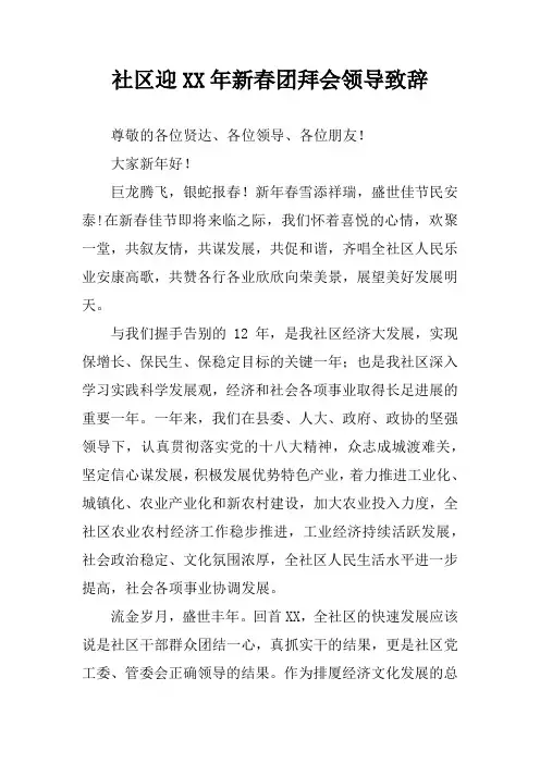 社区迎XX年新春团拜会领导致辞