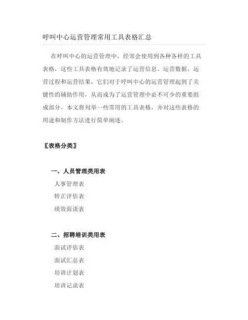呼叫中心运营管理常用工具表格汇总