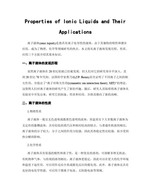 Properties of Ionic Liquids and Their Applications