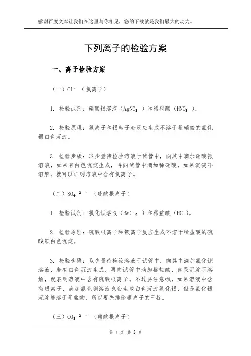 下列离子的检验方案