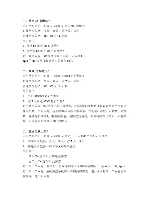 虚拟主播交互问答问题参考模板
