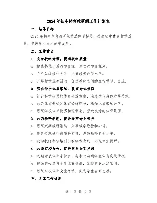 2024年初中体育教研组工作计划表(5篇)