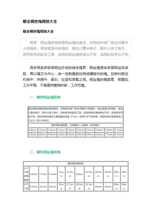 最全钢丝绳规格大全