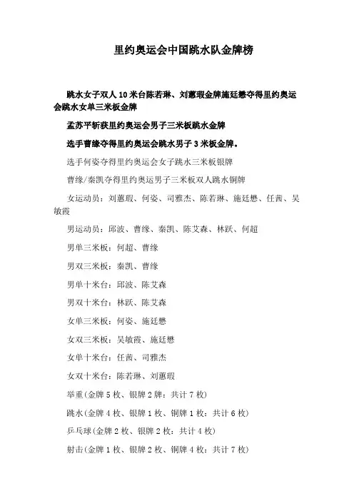 里约奥运会中国跳水队金牌榜