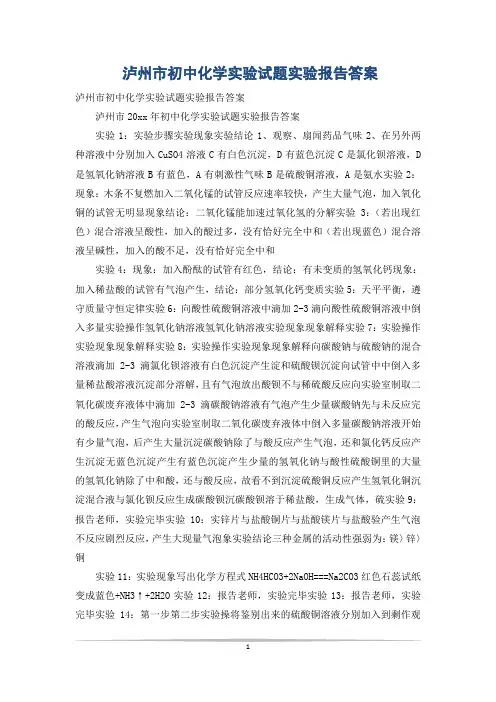 泸州市初中化学实验试题实验报告答案