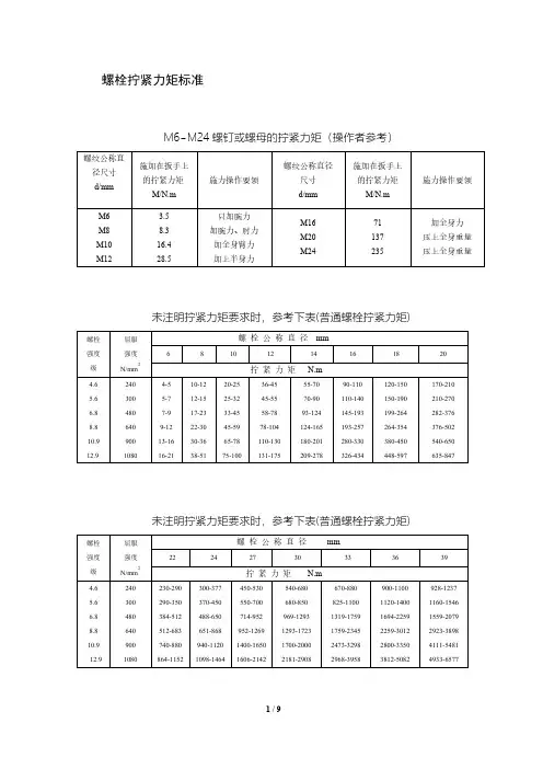 螺栓拧紧力矩及标准（最新编写-修订版）