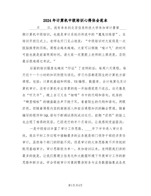 2024年计算机中级培训心得体会范本(2篇)