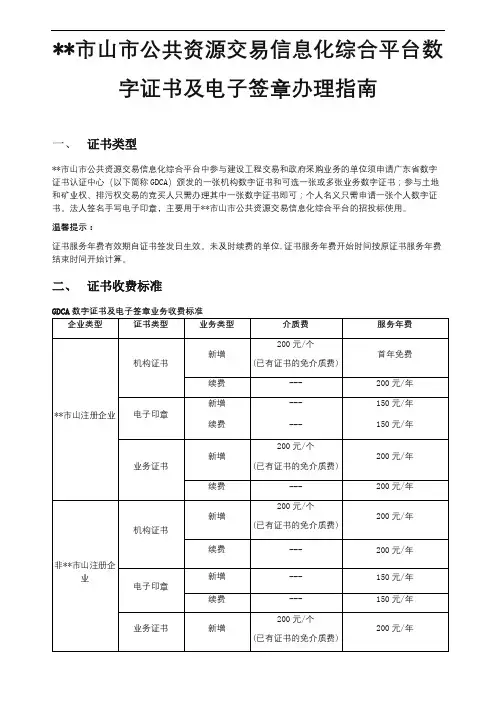 佛山市公共资源交易信息化综合平台数字证书及电子签章办理指南【模板】