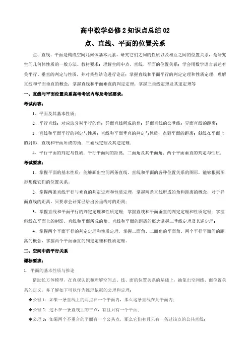 高中数学必修2知识点总结02点直线与平面的位置关系