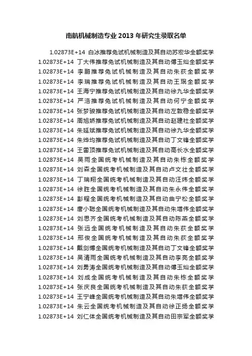 南航机械制造专业2013年研究生录取名单