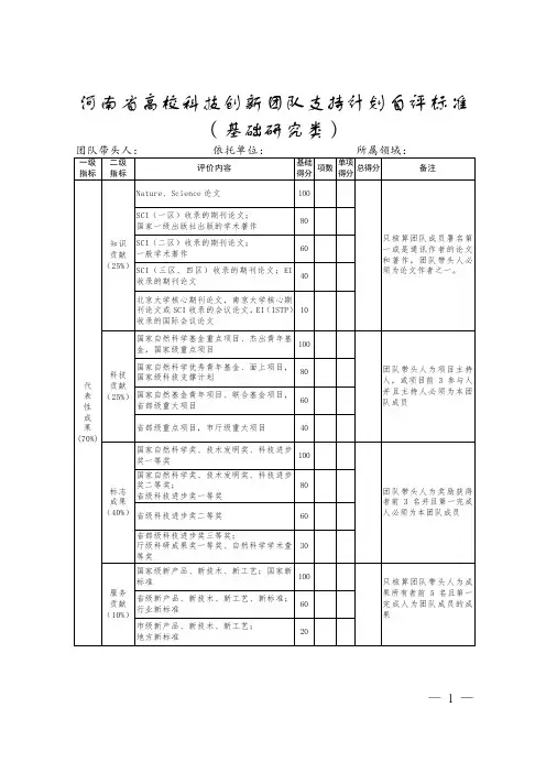 河南省高校科技创新团队支持计划自评标准(基础研究类)