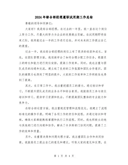 2024年综合部经理履职试用期工作总结(2篇)