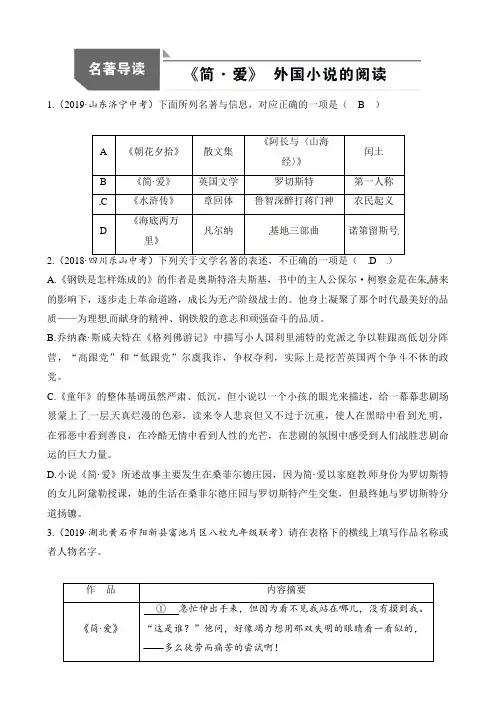 人教部编版九年级语文下册同步测试：名著导读 《简·爱》 外国小说的阅读