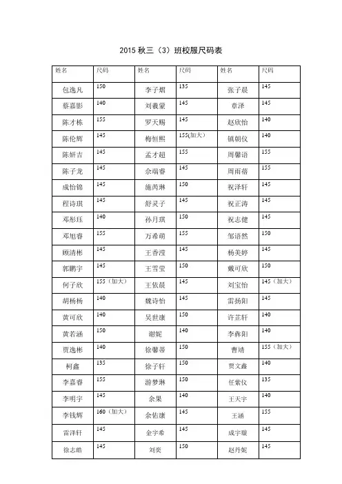 新校服尺码表