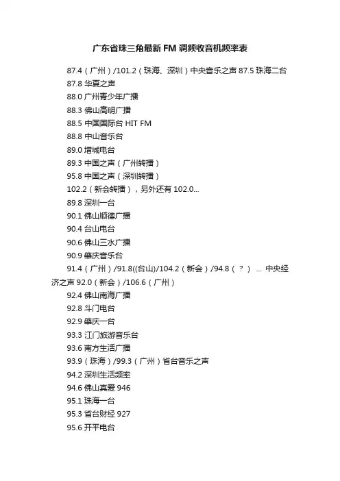 广东省珠三角最新FM调频收音机频率表