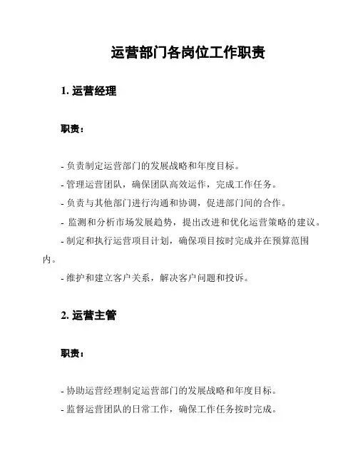 运营部门各岗位工作职责