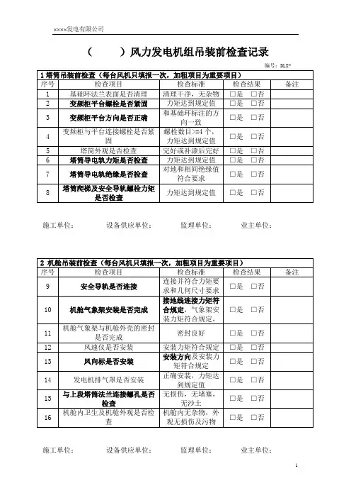风力发电机组吊装前检查记录