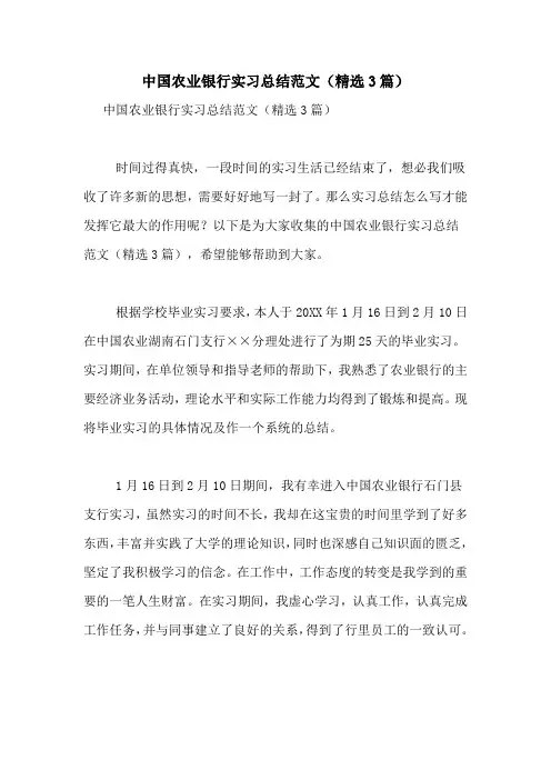 中国农业银行实习总结范文(精选3篇)