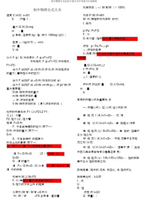 初中物理公式总结计划大全中考复习计划资料