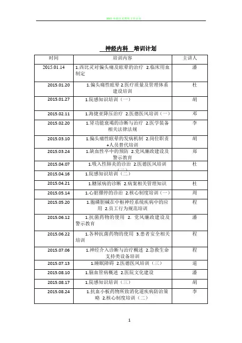 2017年神经内科培训计划
