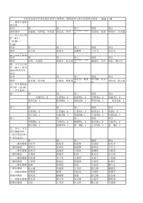 2016年8月29日带班领导教师值班安排