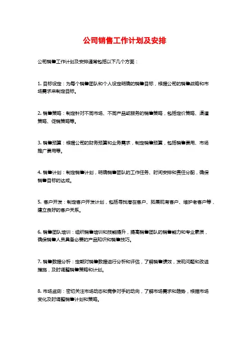 公司销售工作计划及安排
