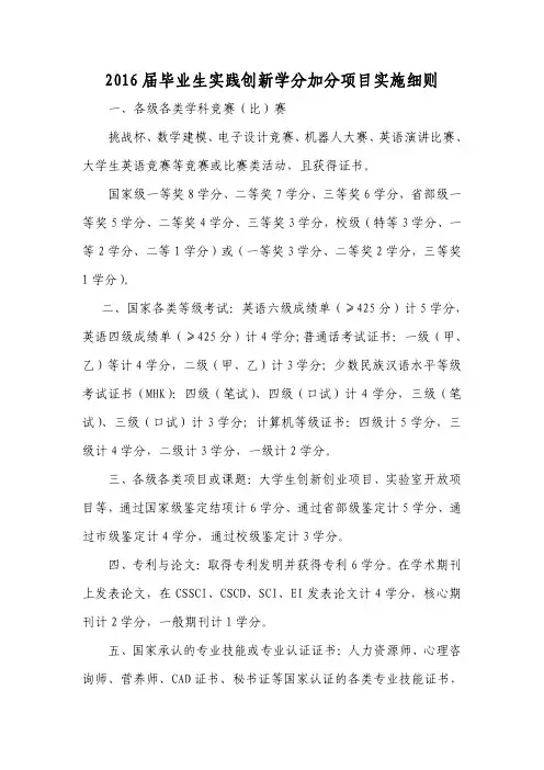 2016届毕业生实践创新学分加分项实施细则