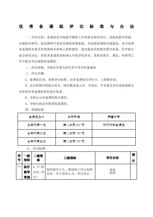 优秀备课组评比标准与办法