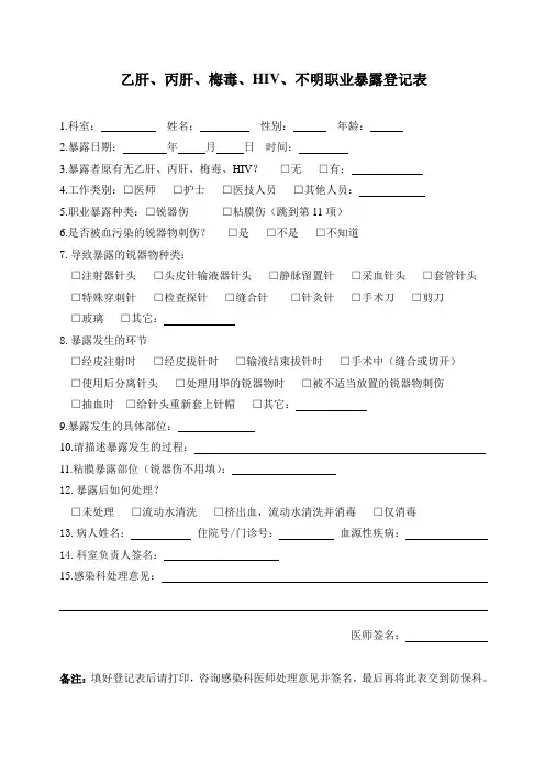 乙肝、丙肝、梅毒、HIV、不明职业暴露登记表